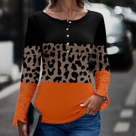 LA MODE | Off-Black & Orange Leopard Color Block Long Sleeve (Size: Large) - Picture 1 of 12
